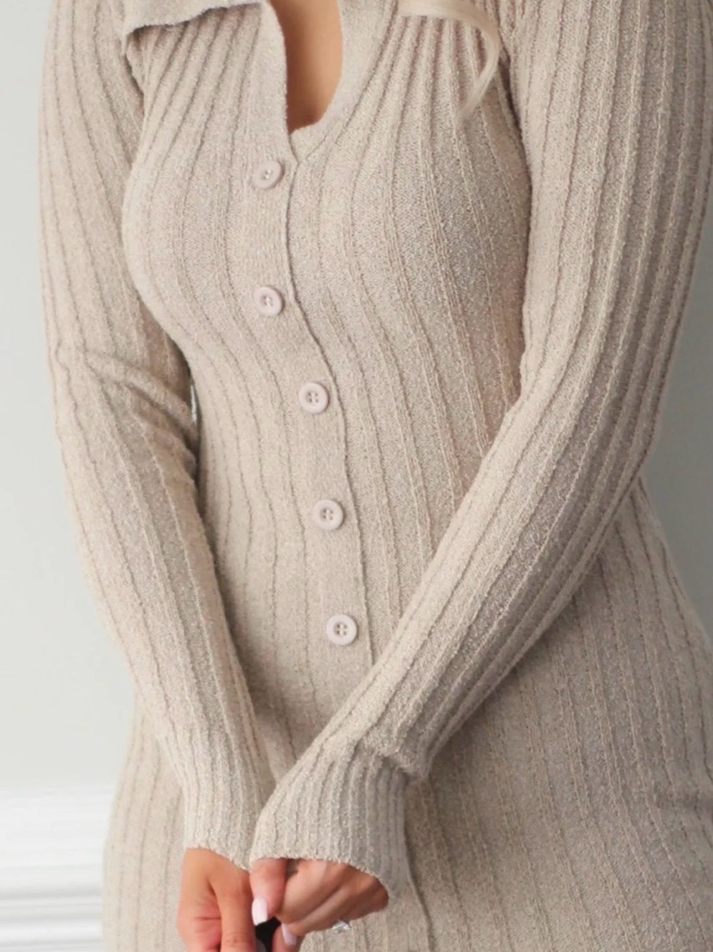 NWT Promesa Small Ribbed Knit Button Front Collared Sweater Mini Dress Beige